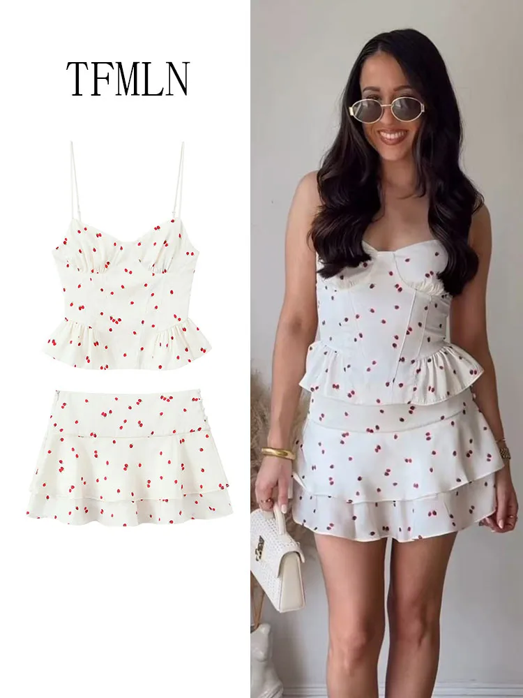 

2Pcs Sweet Women Strawberry Print Sets 2026 Summer Chic Spaghetti Strap Cami Top Ruffle Tiered Mini Skirt Suit Beach Outfits