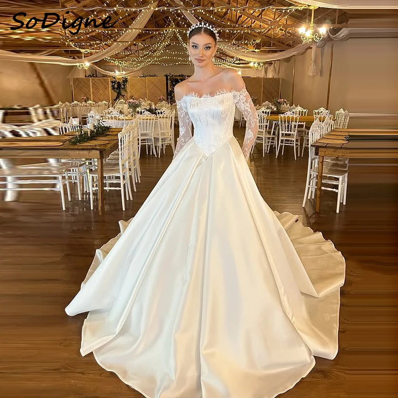 

SoDigne A-line Off Shoulder Wedding Dresses Full Sleeves Satin Bridal Dress 2025 Long Wedding Gown Robe De Mairee ﻿Customized