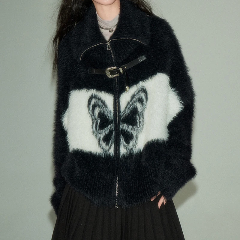 Subculture butterfly embroidered Loose sweet Zipper gothic sweater vintage Harajuku punk 90s y2k E-girl kawaii Aesthetic Sweater