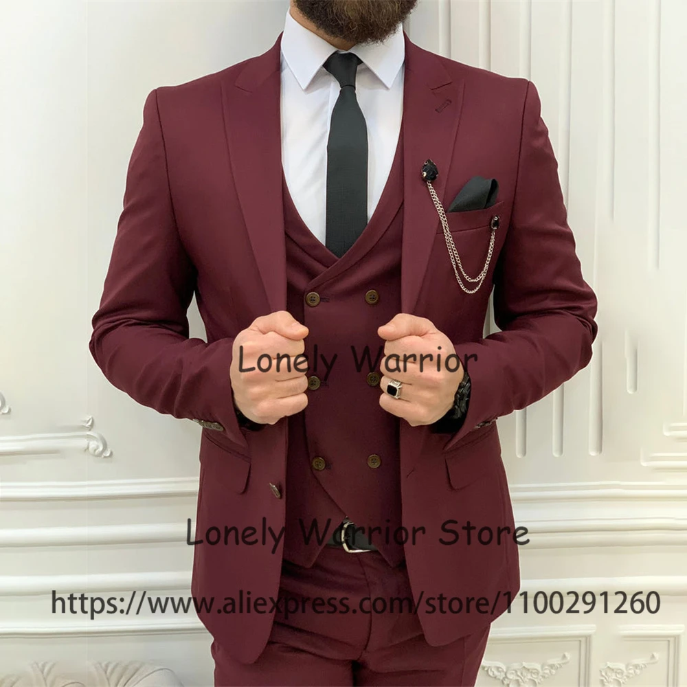 

Classic Burgundy Mens Suits Slim Fit Formal Banquet Blazer Wedding Groom Tuxedos 3 Piece Jacket Vest Pants Set Terno Masculino