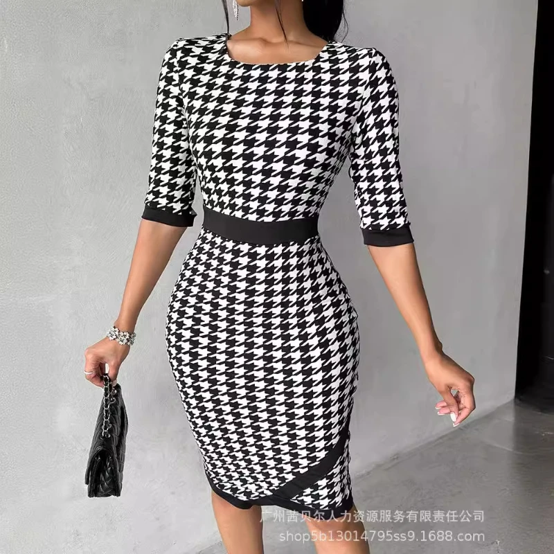 

Women Dress Mid Length Dresses Slim Fit Plaid Print Round Neck Half Sleeve Hip Wrap Tight High Waist Sheath Vestidos Summer