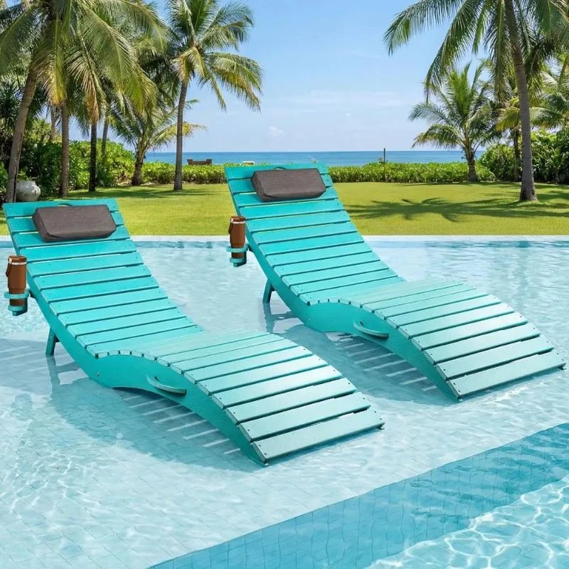 Folding Pool Lounge Chairs Set of 2, Pre-Assembled HDPE Lounge Chair in-Pool Use, Patio Chaise Lounge Chair