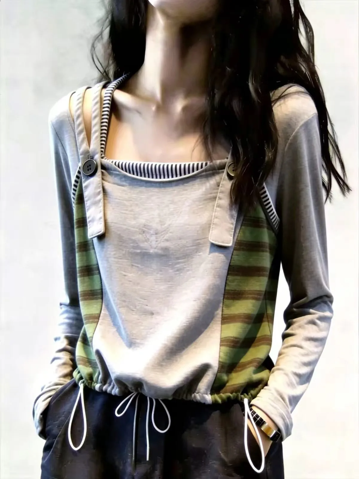 Gray Slim Fit Long Sleeve T-Shirt Drawstring Design Casual Style Women's Fashion Autumn 2026 Korean Version Leisure Top