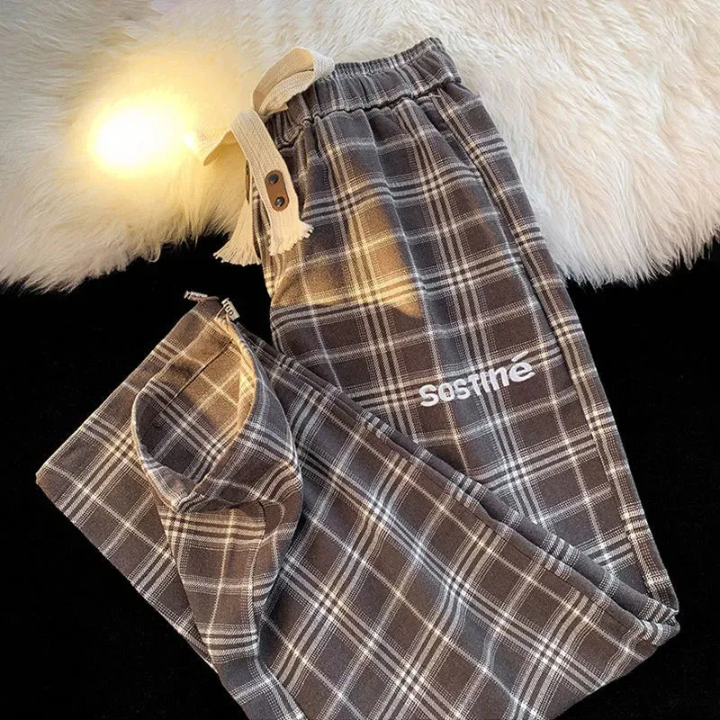 New Spring and Autumn Fashion Trendy Brand Retro Plaid Wide Leg Straight Leg Pants Versatile Casual Loose and Fashionable Pants