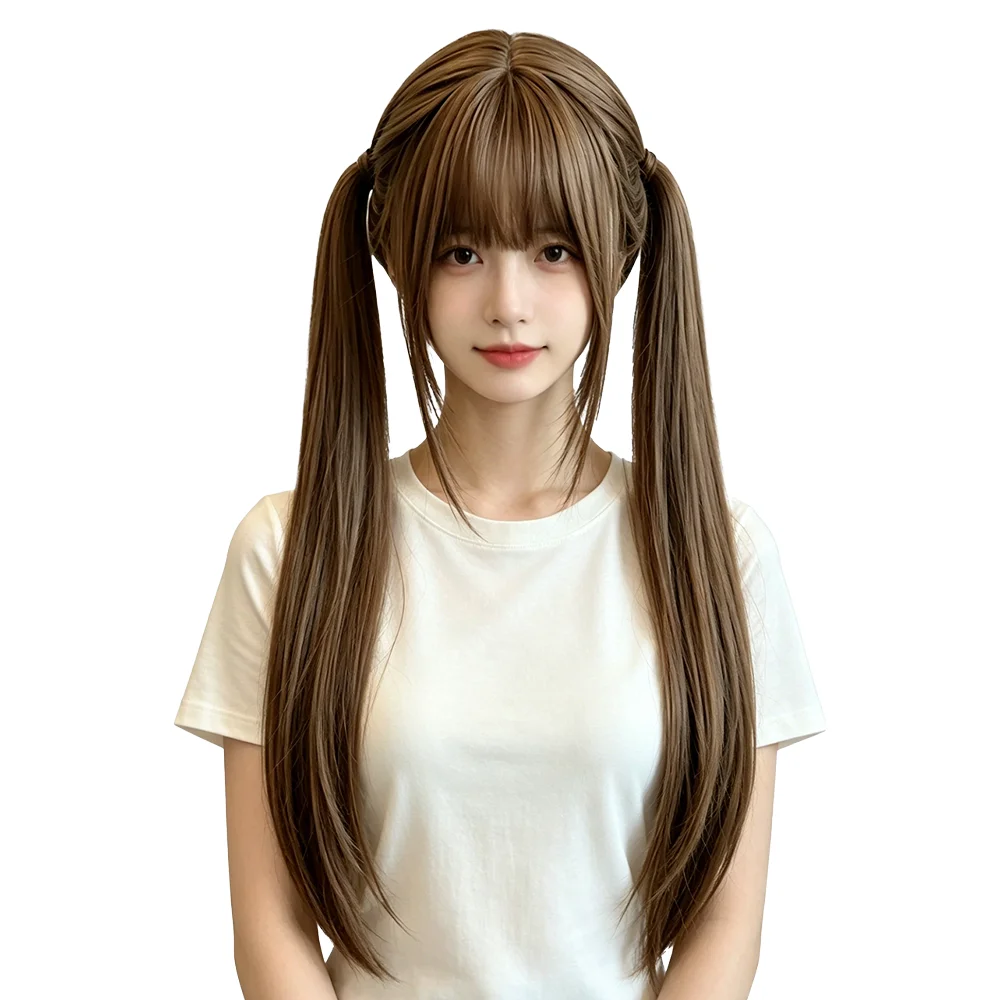 

Lolita Sweet Girl Double Ponytail Wig Milk Tea Linen Brown Heat Resistant Synthetic Anime Cosplay Long Straight Wig For Women