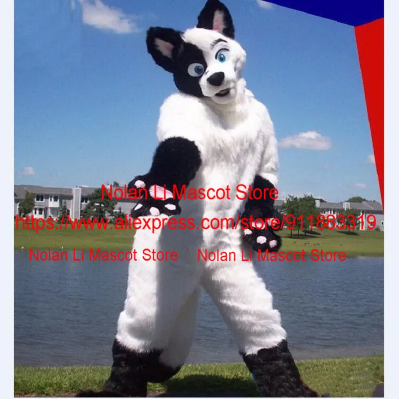 Hot Sale Black And White Long Furry Fox Wolf Husky Dog Mascot Costume Leather Clothing Adult Cartoon Character Movie Props 131