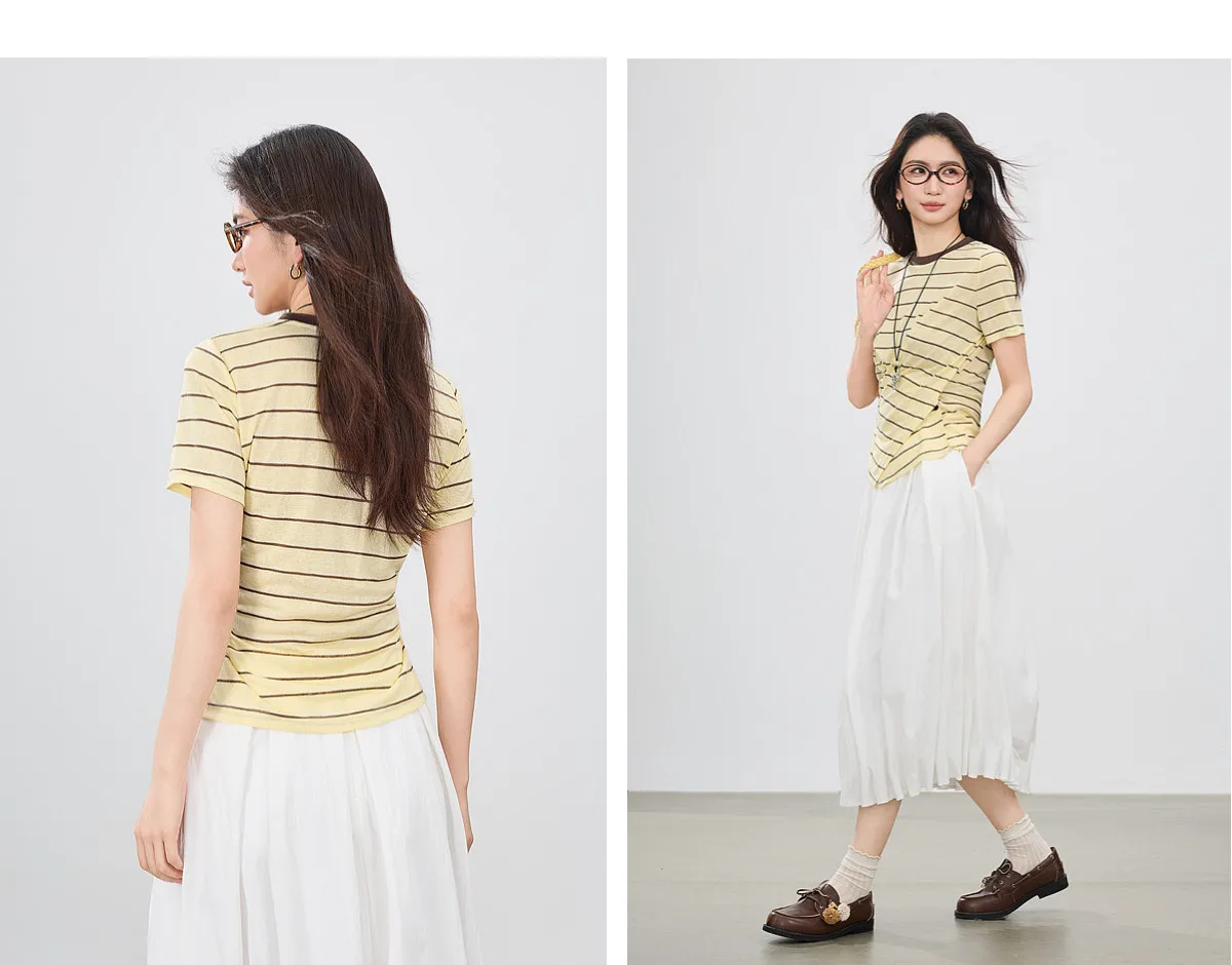 SENTUBILA Damen-Strickoberteil mit Rundhalsausschnitt und Kontraststreifen, Sommermode 2026, kurzärmeliges T-Shirt mit Twist-Front-Schlitz und Knöpfen Q62TC7208 – Detail 27
