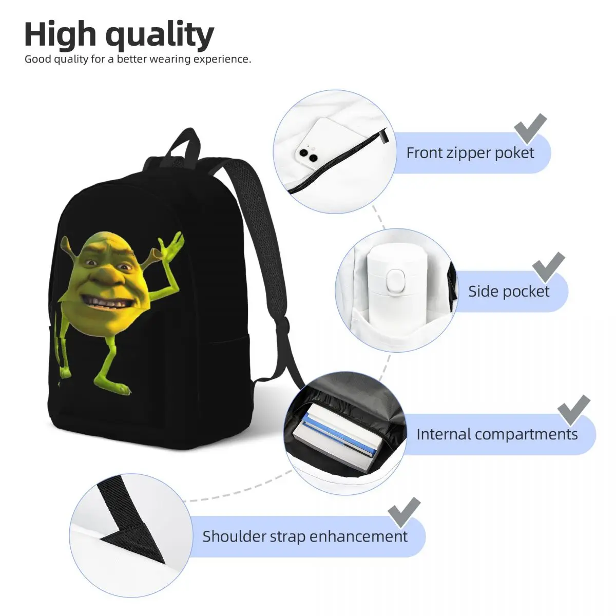 Shreks Wazowski Meme Backpack for Men Women Teenage High School Hiking Travel Daypack Cute Monsters Laptop Computer Shoulder Bag