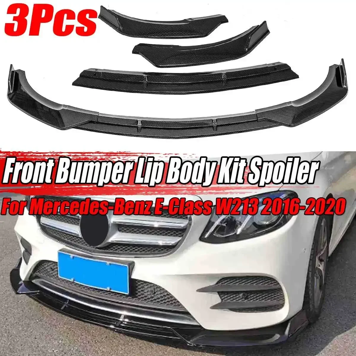 

High Quality Carbon Fiber Look Car Front Bumper Lip Spoiler Diffuser Cover For Mercedes For Benz E-Class W213 2016-2020 Body Kit