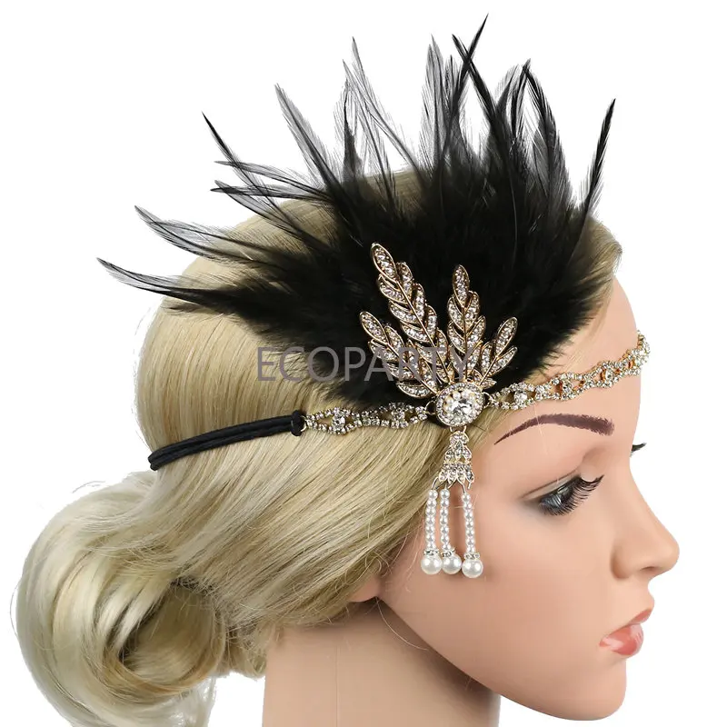 1920s Flapper Headband Feather Headpiece Roaring 20s Great Gatsby Inspired Leaf Medallion Pearl Headband Women Hair Accessories