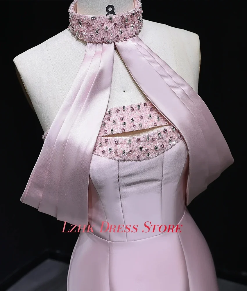 Vestido de noche de cristal con hombros descubiertos, sirena de satén elegante personalizado, manga corta de alta calidad, cuello Halter