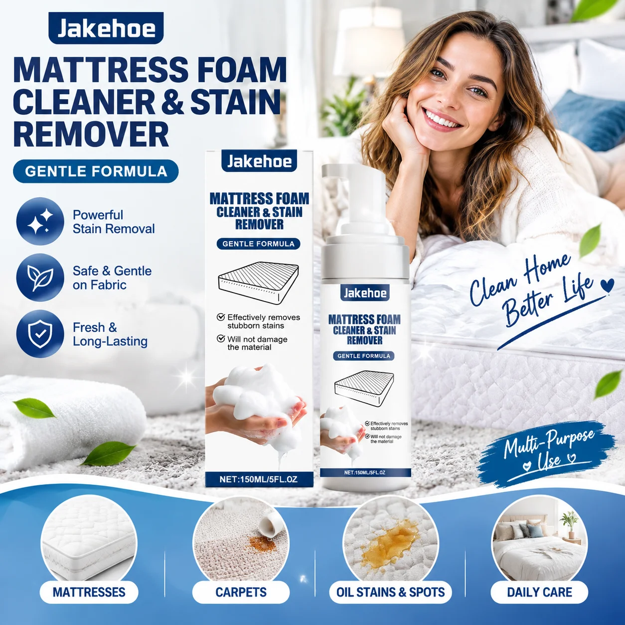 Jakehoe Mattress Cleaner Dry Cleaning Odor Remover Decontamination Stain Remover Prevent Yellowing Sofa and Carpet Cleaner 150ml