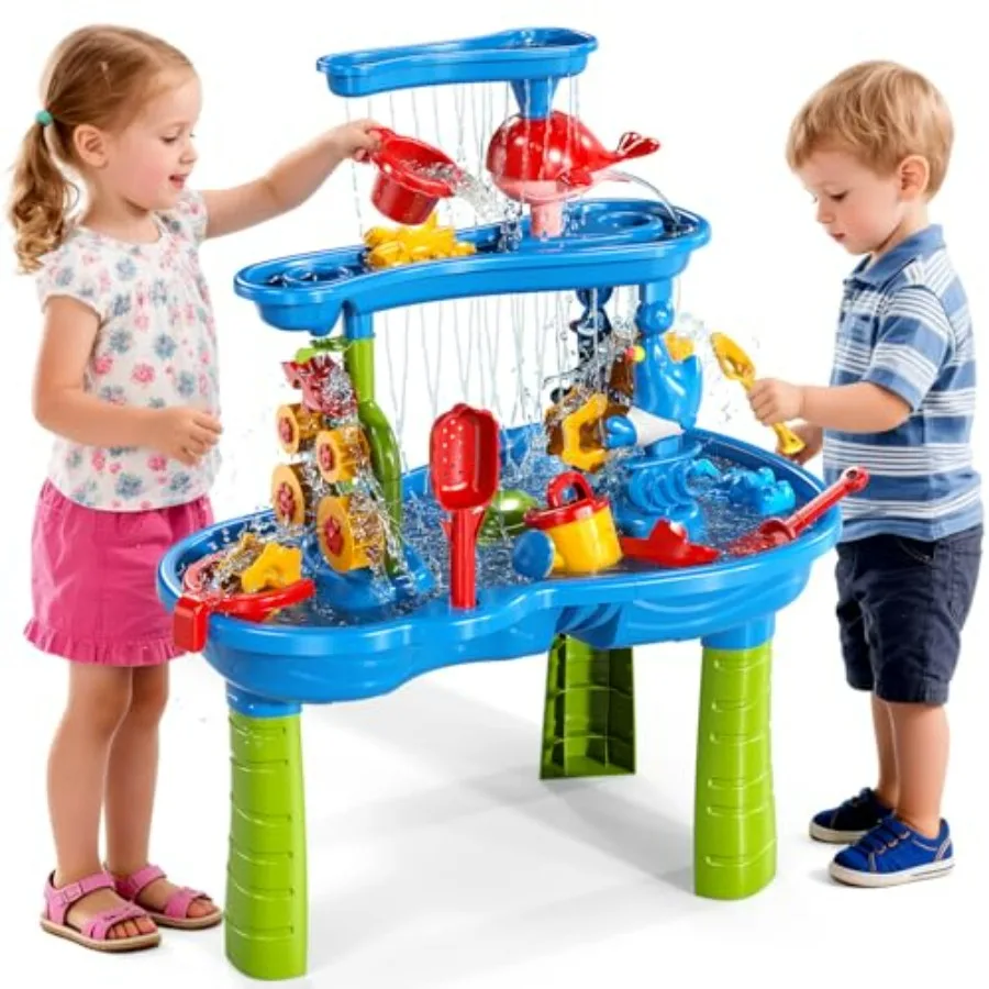 

Outdoor indoor sand water table for toddlers 2-6 years, 3-tier plastic table in blue and yellow, splash-and-play activity set w