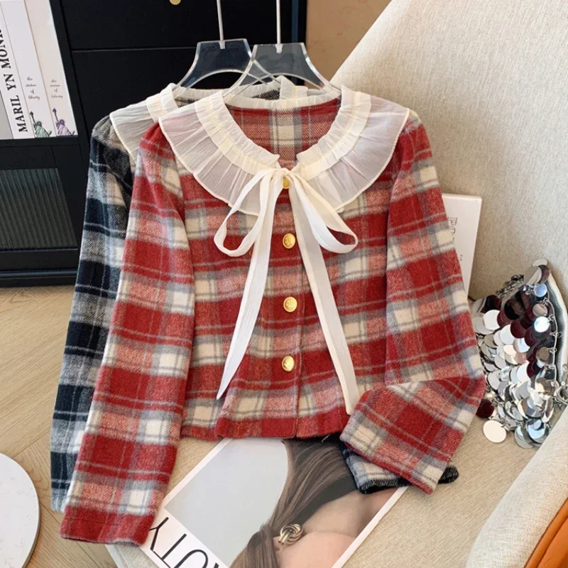 French Style Elegant Doll Collar Plaid Shirt Women's Autumn and Winter Bow Lace Korean Style Fashionable Plaid Top Jacket