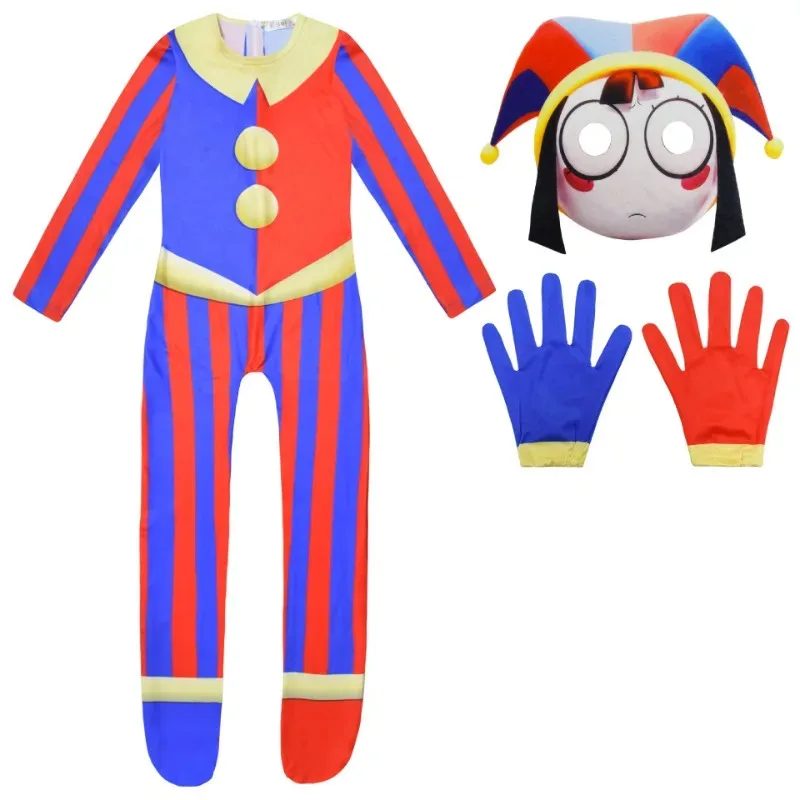 L'incredibile circo digitale Pomni bambini costume cosplay di Halloween tute per bambini maschera guanti bambini abbigliamento da cartone animato di Halloween