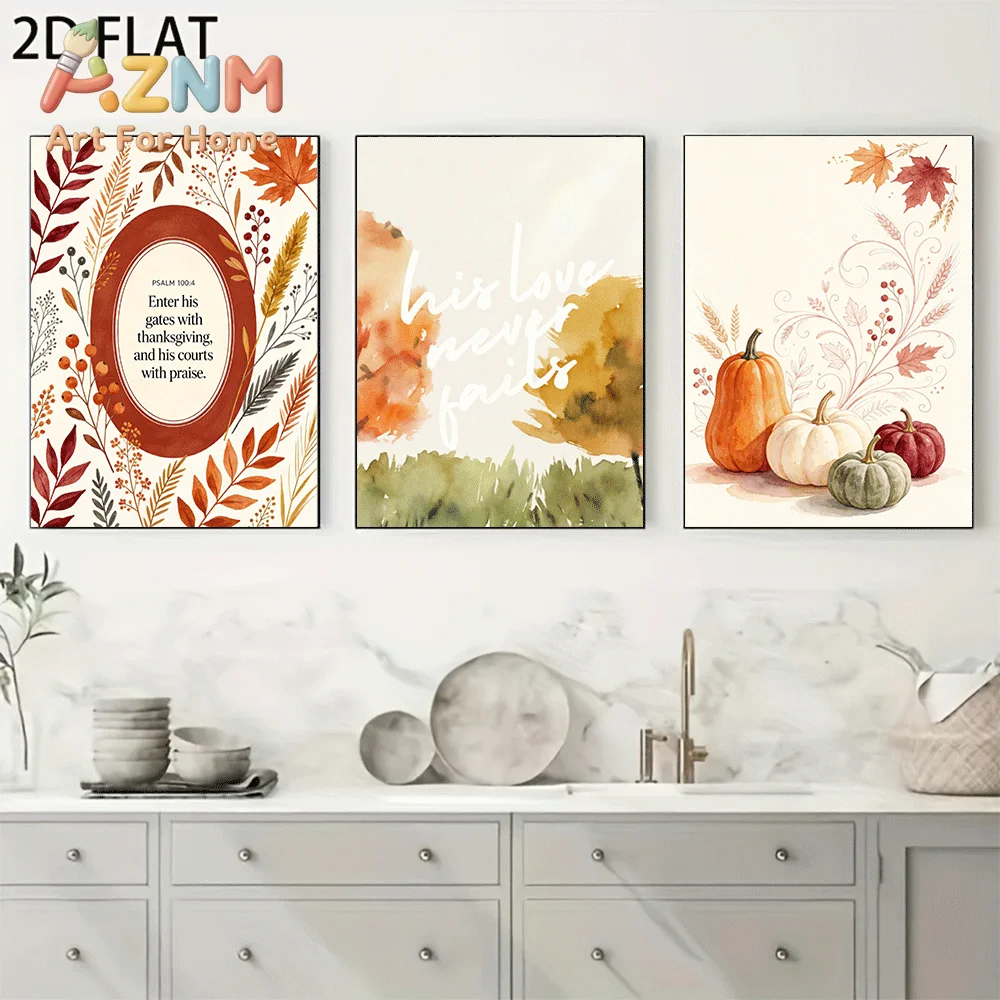AZNM Frameless Canvas Wall Art, Autumn Bible Verse Print, Watercolor Pumpkin Maple Leaf Wheat Scripture Art Poster for Thanksgiv