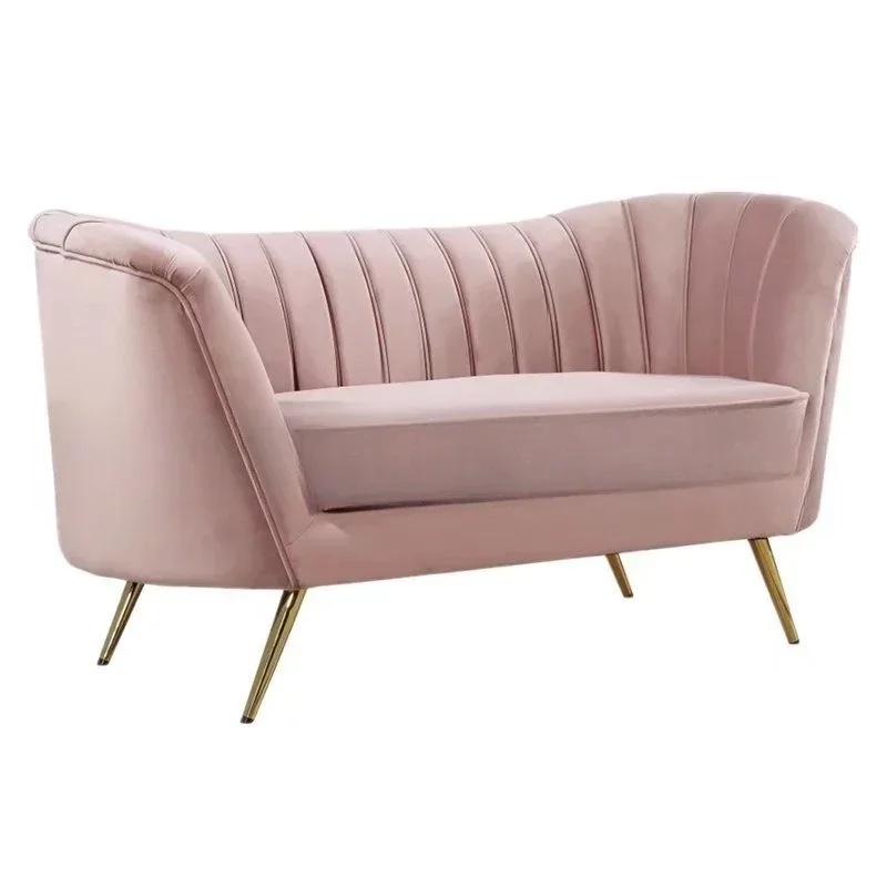 

Simple modern pink flannel curved three-person sofa furniture clothing store photo studio fashion stainless steel sofa