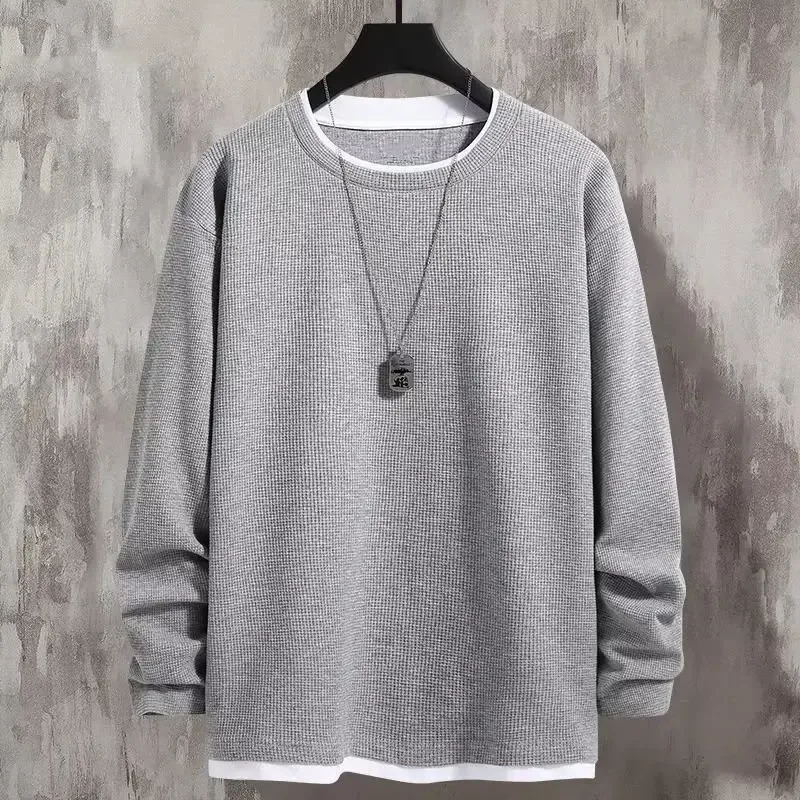 الخريف الشيكات قطعتين الوهم كم طويل البلوز الرجال فضفاضة تناسب الجولة الرقبة ملابس خارجية قاعدة طبقة تي شيرت غير رسمي