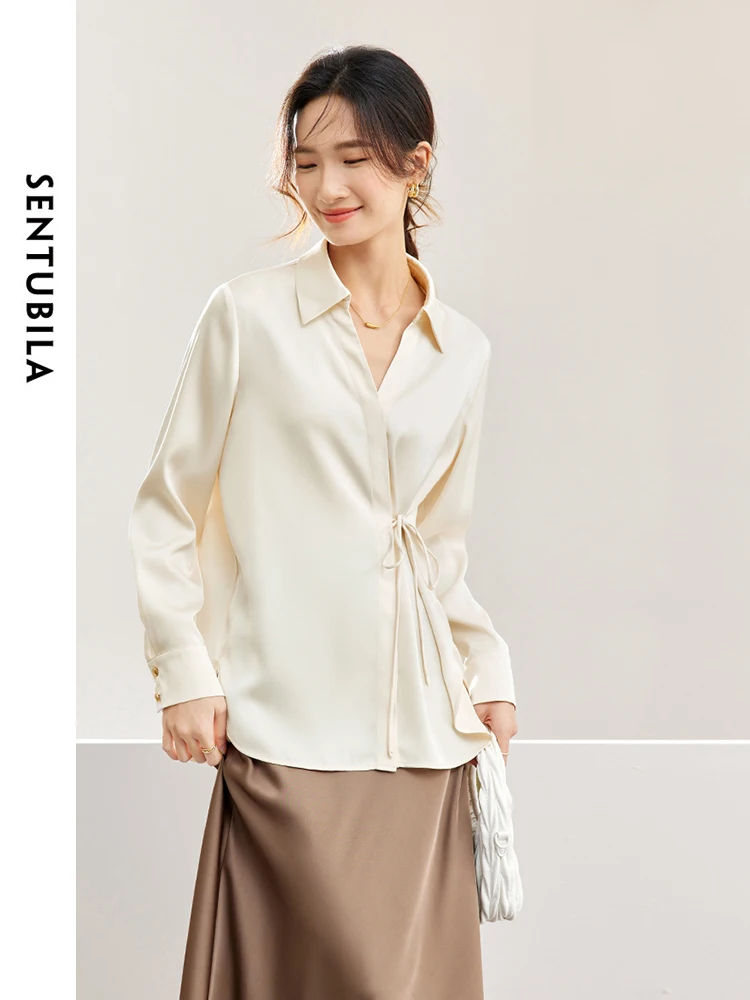 SENTUBILA Spring Fashion Lace-up Waisted Polo Collar Women Blouse 2024 Straight Long Sleeve Shirt for Office Ladies 141C53271