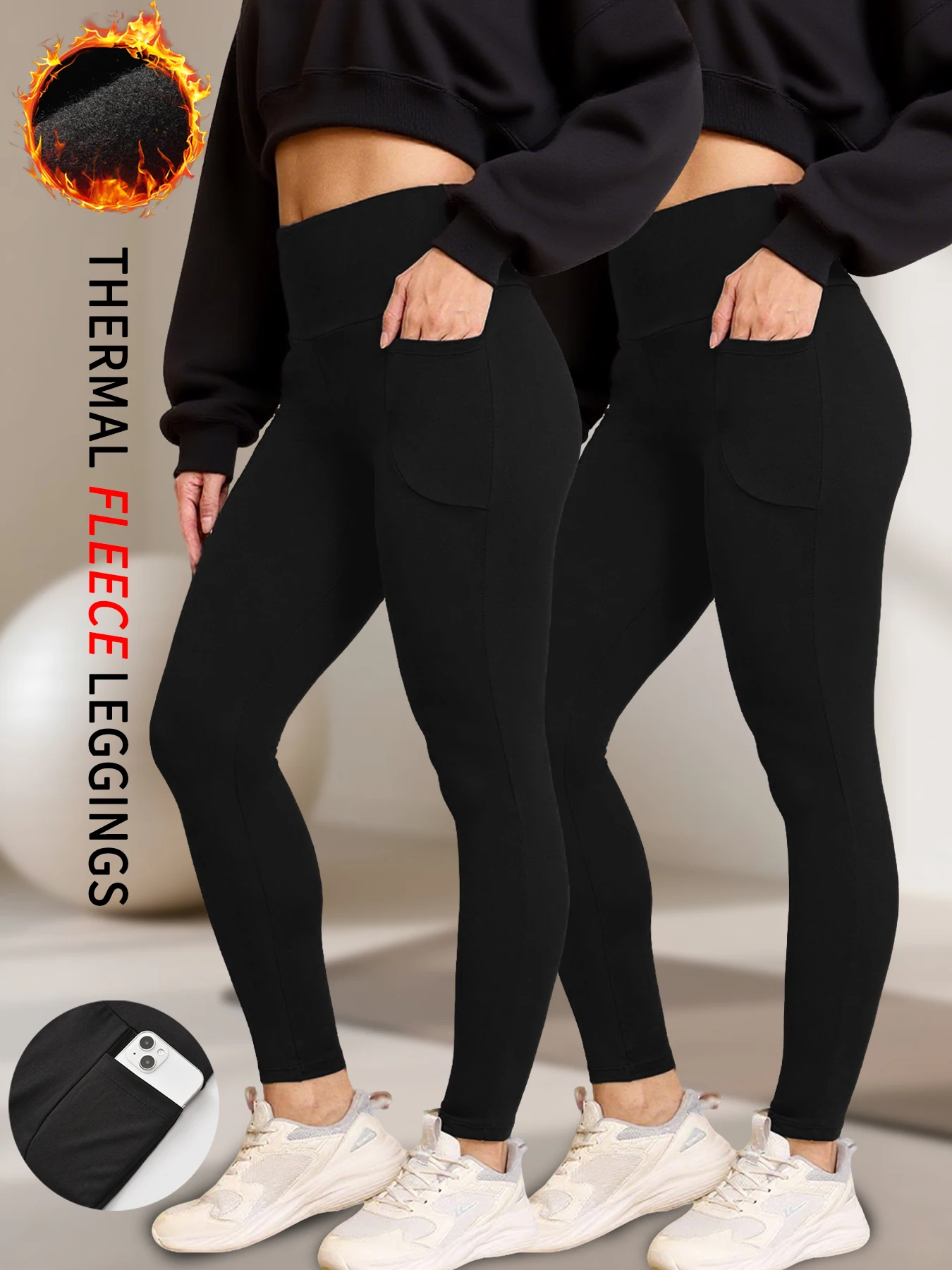 2 Pack Women's  Super Soft Thermal Fleece Lined Legging With Pockets, High Waist Tummy Control Workout Yoga Running Pants