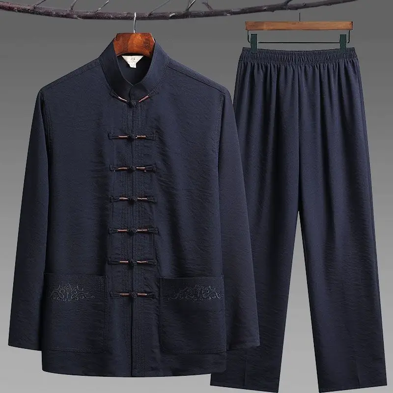 Men Hand Button Tang Suit Shirt&Pants Cotton And Linen Vintage Mandarin Collar Tai Chi Kong Fu Clothing Long Sleeve Cheongsam