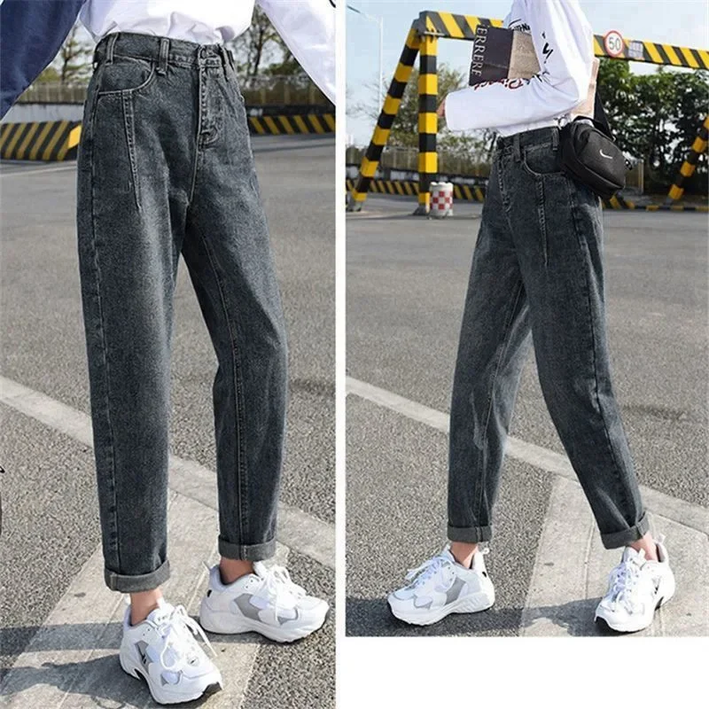 جينز نسائي عالي الخصر للتخسيس من قماش الدنيم على الطراز الكوري للارتفاع متعدد الاستخدامات للطالب مستقيم الساق جديد ربيع الخريف هارلان أبي لون #2