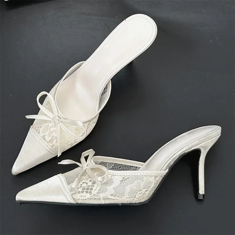 

Aneikeh Fashion New Butterfly-knot Women Slipper Pointed Toe Slip on Ladies Mesh Mules Thin Heel Sandal Shoes Zapatos Mujer