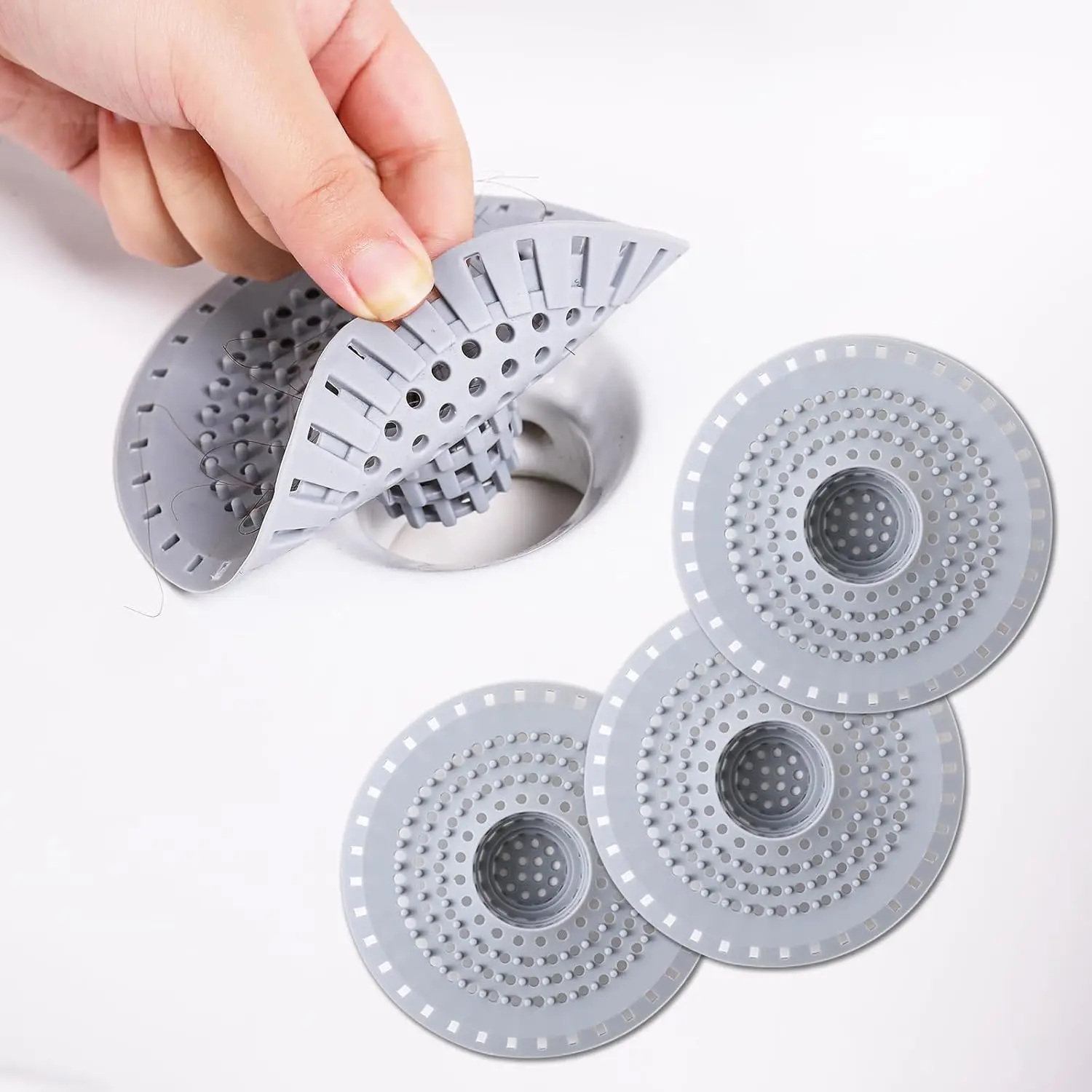 

Silicone Bathtub Drain Hair Catcher, Collapsible Strainer for 1.48-1.75in Drains, 3-Pack