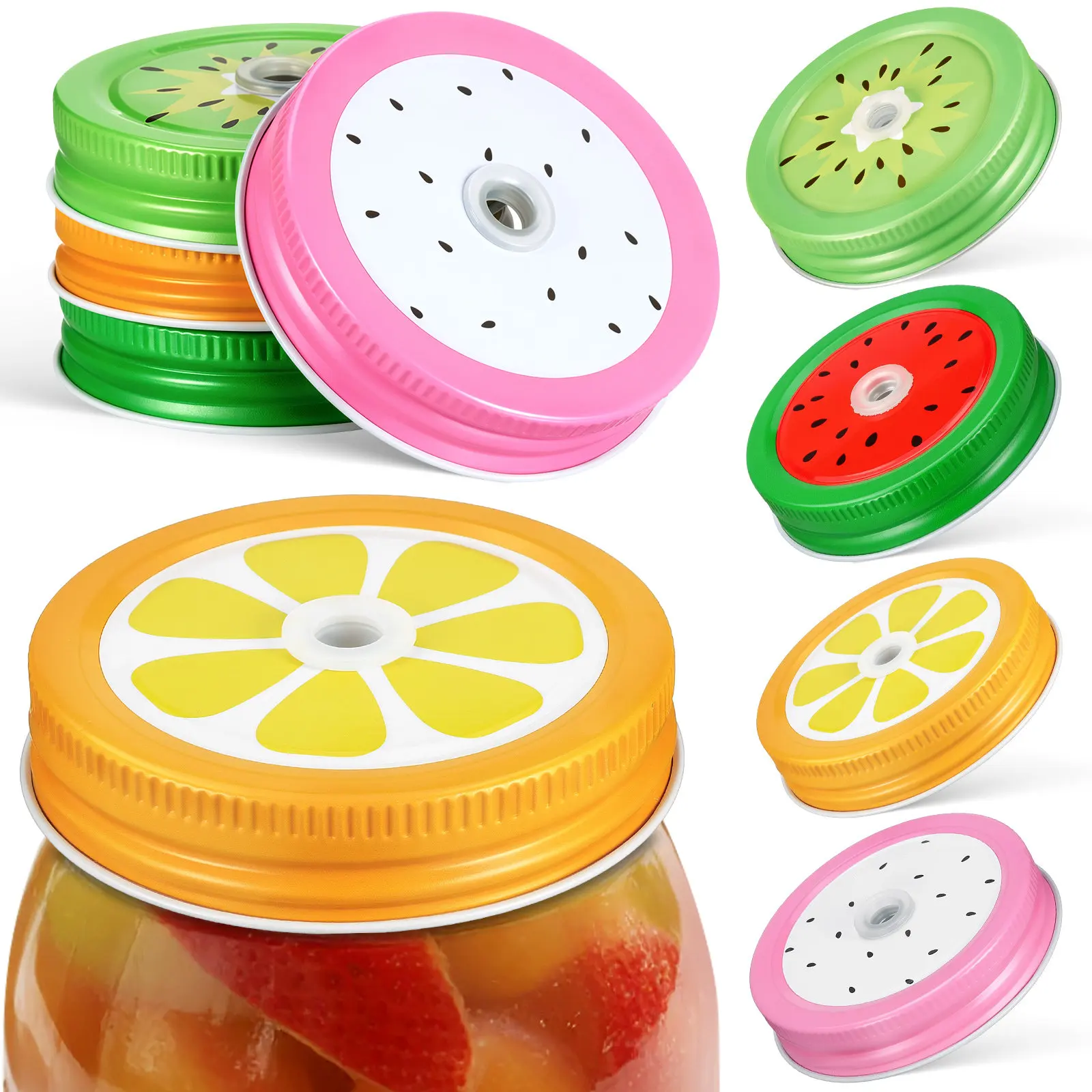 Retro Fruit Pattern Metal Jar Lids with Straw Hole Fit Regular Mouth Jars Reusable Kitchen Office Outdoor Drinking Lid