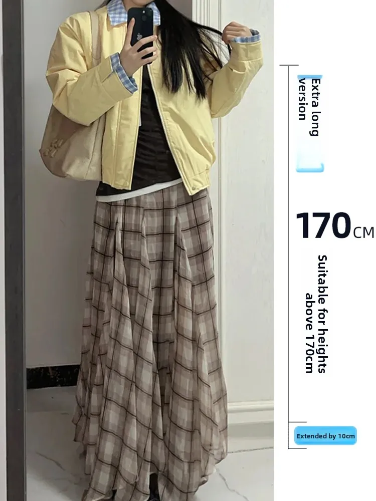 

Удлиненная клетчатая юбка для высоких женщин, осенне-зимняя, свободного кроя, стройнящая, из шифона, для дома и повседневной носки.