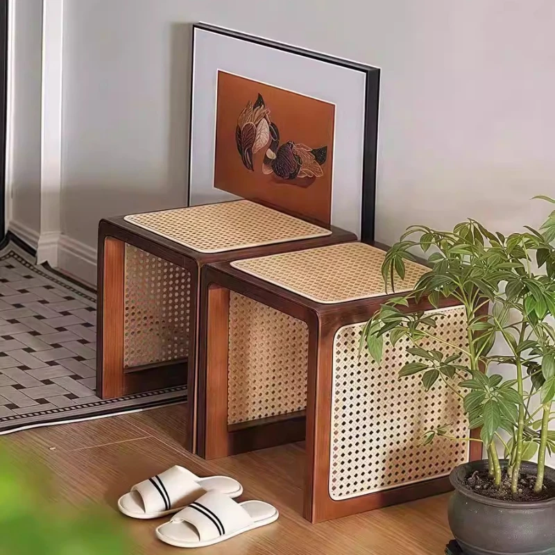 Solid Wood Wicker Nightstand Vintage Japanese Style Multiunctional Bedside Table,Rustic Entryway Shoe Bench for Home and Airbnb