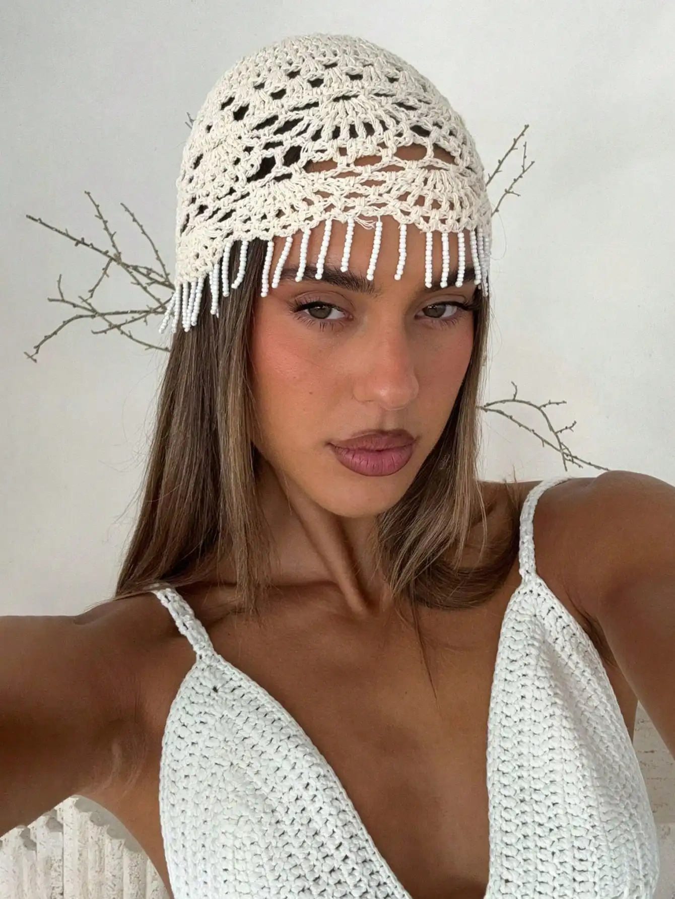 1pc Women's Elegant Handmade Beaded Tassel Hat Breathable Hollow-Out Design Beach Vacation Versatile Fashion HeadScarf