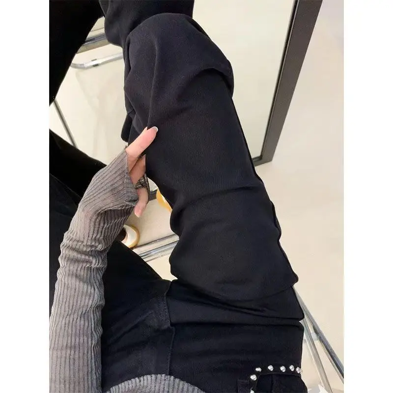 Americano rebite flare jeans feminino cintura baixa preto retro gótico jeans streetwear y2k harajuku menina quente hip hop moda jeans finos