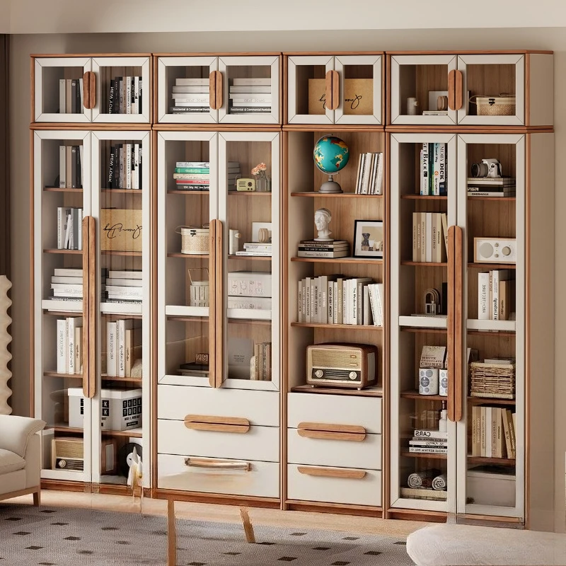 Multifunctional solid wood bookcase, living room display cabinet is displayed against the storage wall, multi-layer