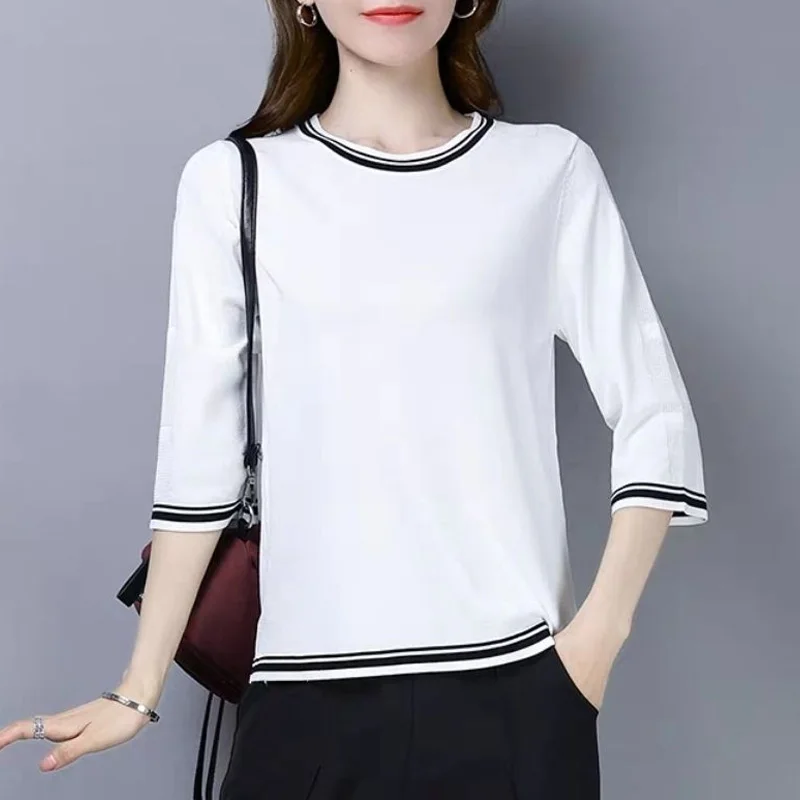 2023 Summer Fashionable Temperament Commuting Simple Round Neck Hollowed Out Three Quarter Versatile Casual Solid Color T-shirt