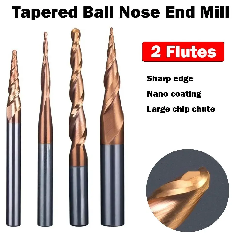 

Wood Milling Solid Carbide Tapered Ball Nose End Mill Tapered Ball Nose Spiral CNC Carving Bit Endmill