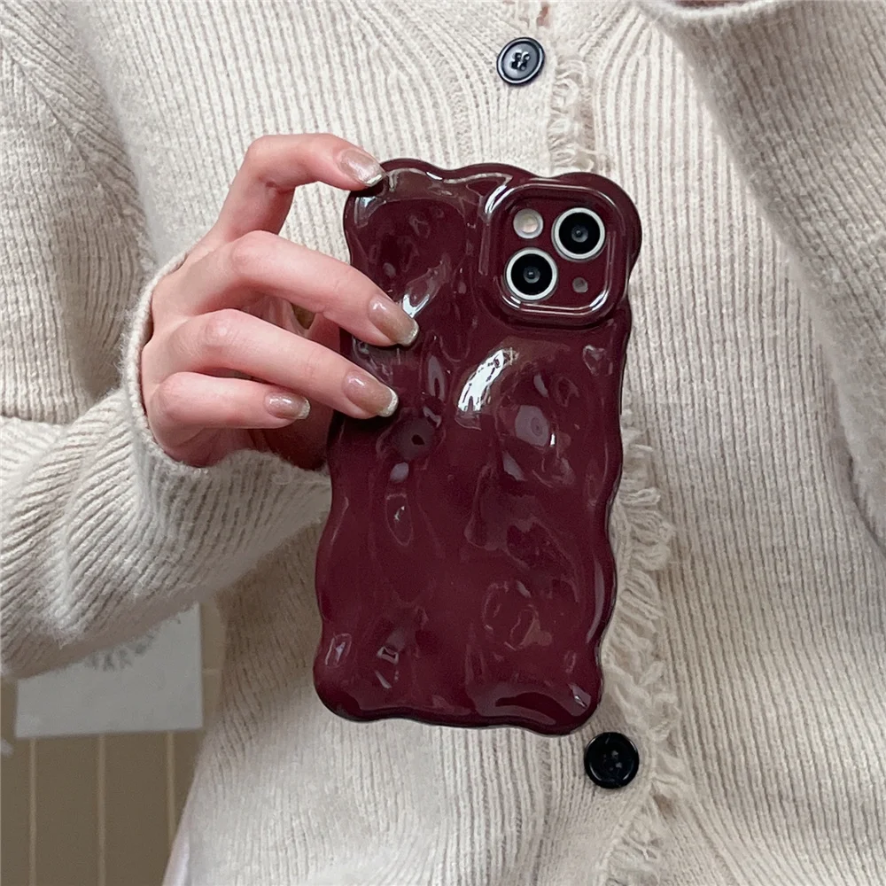 Casing Wine Red Phone Case Compatible for IPhone 11 13 12 14 Pro Max Luxury Luxury glossy wave pattern Solid Color Phone Cover