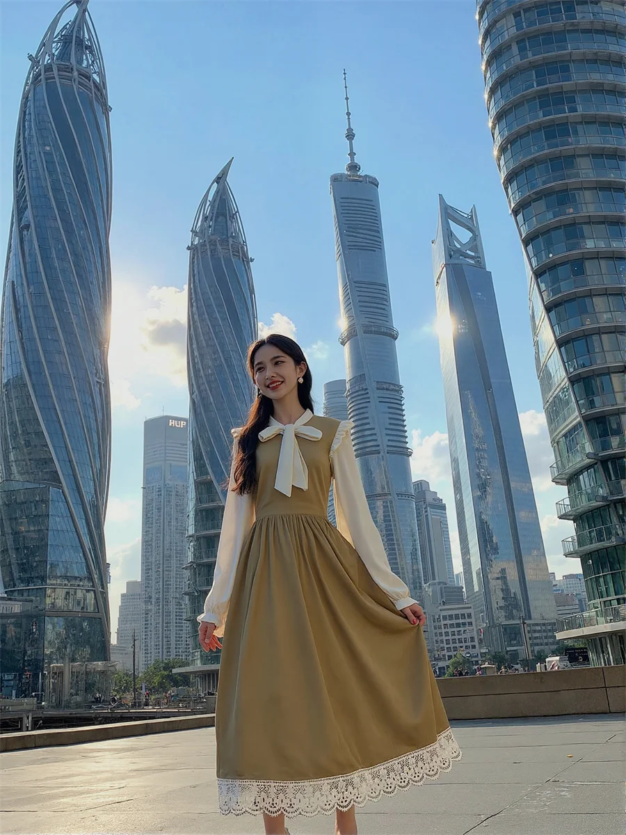 Robe noire pour femmes, coupe régulière, Style Preppy, automne printemps, panneaux transparents, chaîne à volants, tempérament surdimensionné dégradé