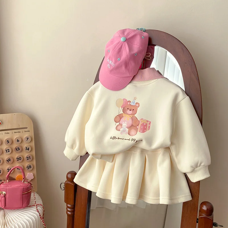 Girls Sweatshirts +Skirts Kids Suits 2PCS/Set 2023 Apricot Spring Autumn Cotton High Quality Sport Uniforms Children Clothing