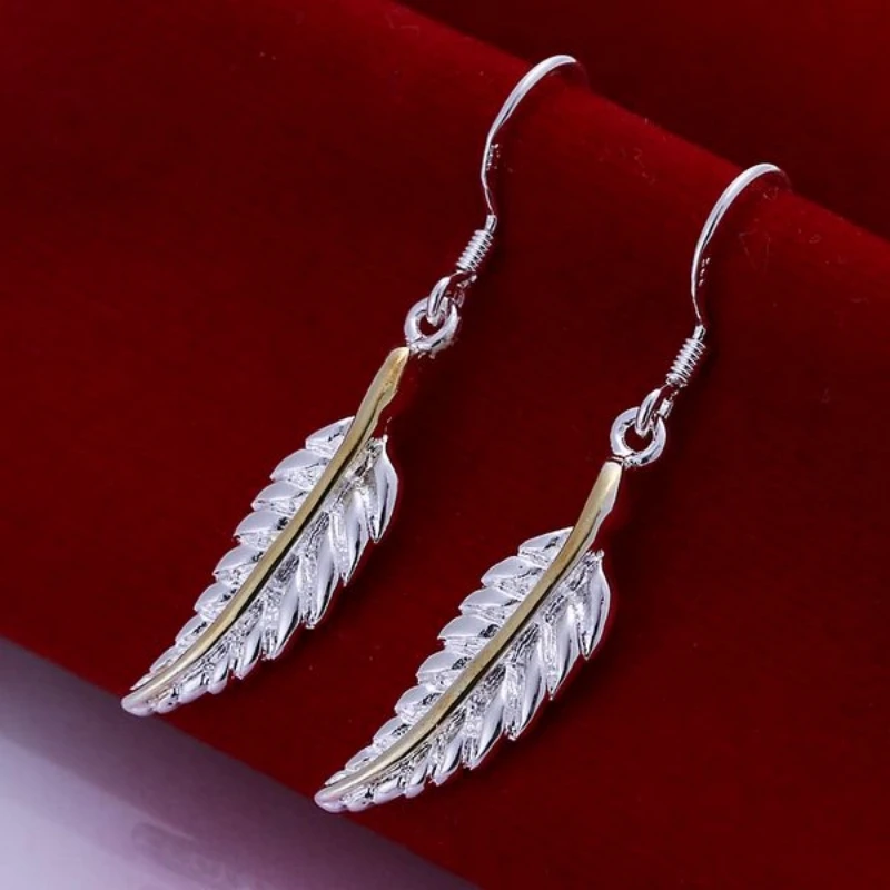 

925 Sterling Silver Feather Earrings For Women Wedding Party Fashion Charm Jewelry