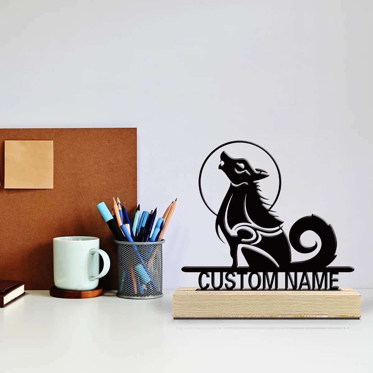1pc Customizable Wrought Iron Desktop Decoration Custom Name Equipped with Wooden Base Room Decorations, Bar Counter Decorations