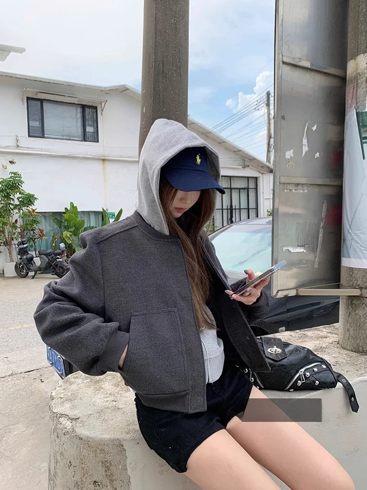 

Весенняя женская шерстяная бейсбольная куртка свободного кроя, повседневный модный топ с капюшоном на молнии, стильная верхняя одежда