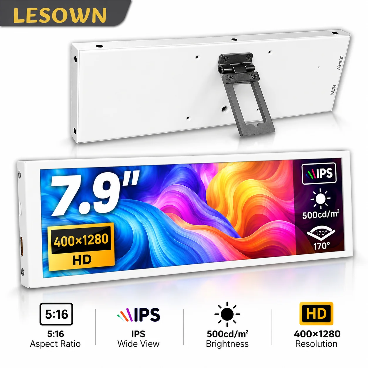 LESOWN 7.9 Inch White Portable Monitor 400x1280 500Nits Stretched Bar HDTV Screen for Raspberry Pi PC Case Sensor Panel