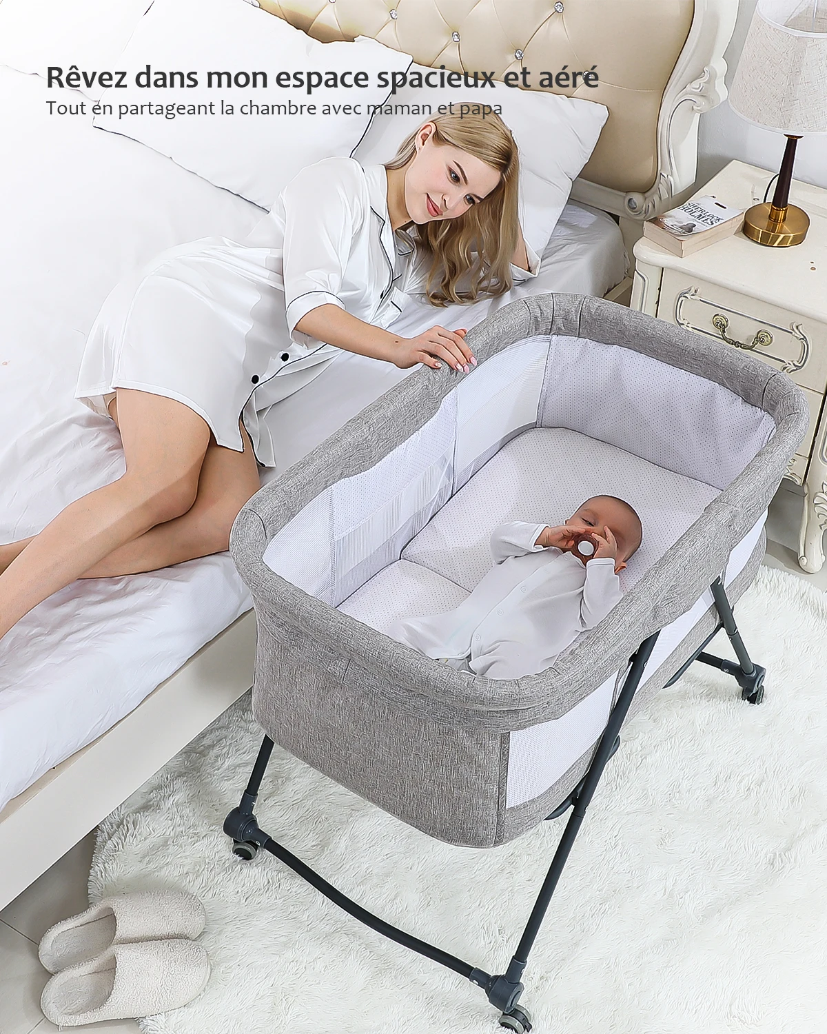 UBRAVOO Baby Grab-and-go Travel Cot with Mattress & Silent Wheels, Rocking Crib Convertible, XYT-001