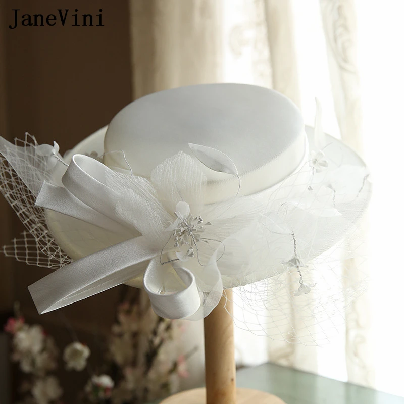 JaneVini 2023 White Wedding Hats for Women Elegant Fashion Ladies Tea Party Headdress Flowers Bridal Hats Court Head Accessories