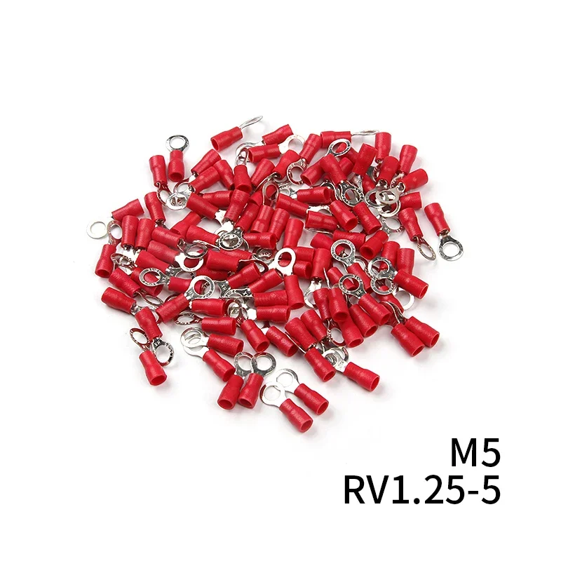 RV1.25 Ring Insulated Wire Connector 100Pcs Red 12-10 AWG Electrical Cable Crimp Terminlas Suit for 0.25-1.65mm2 Kit