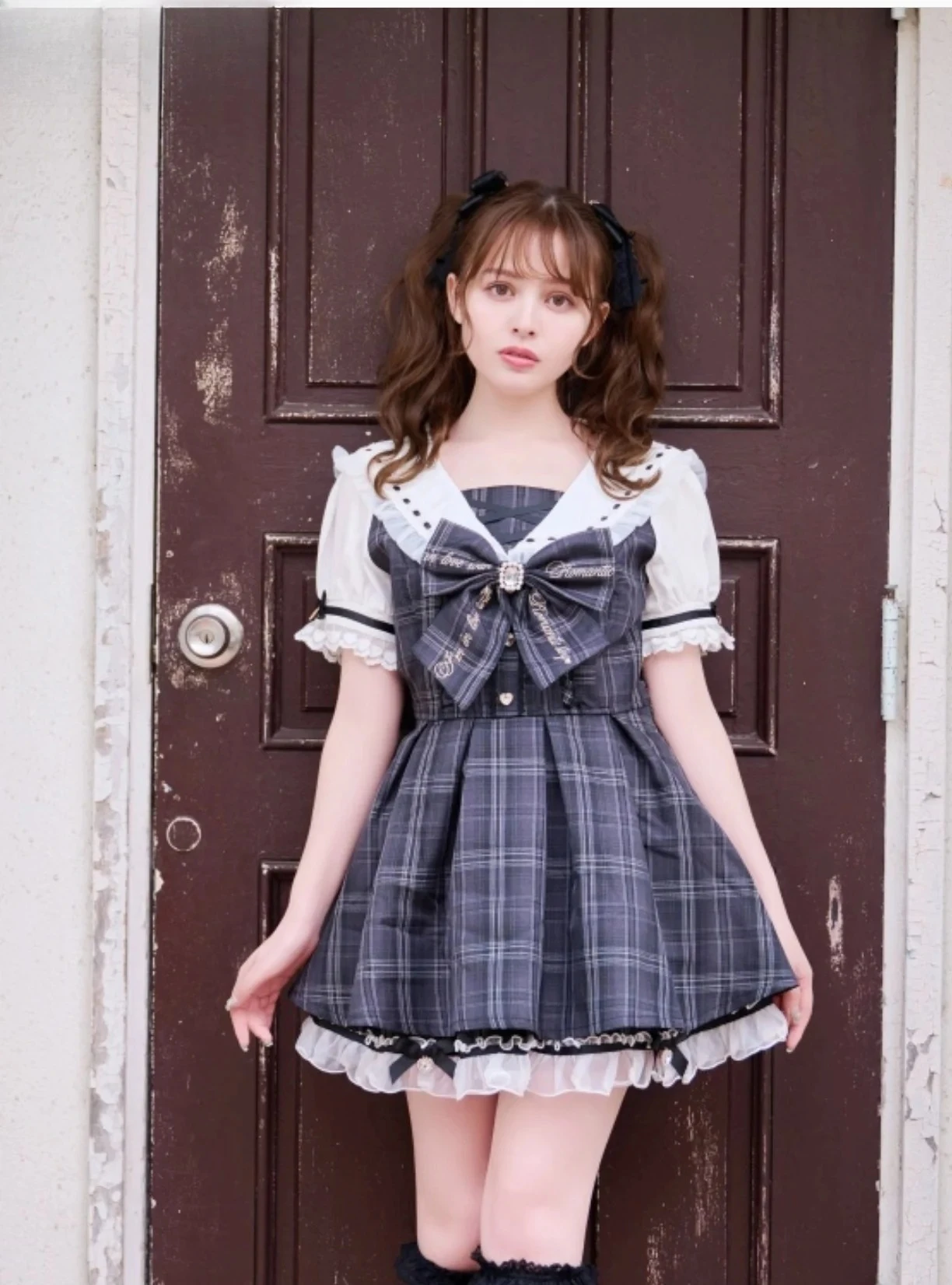 

Lace Bow Slimming Top and Bottoming Shorts Two Piece Set Kawaii Sweet Girls Japanese Mine Navy Checkered Short Sleeve Dress