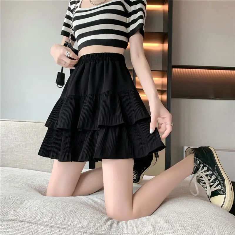 Fat Sister Cake Short Skirt Women's Elastic Waist High Waist Versatile Slimming A-line Umbrella Skirt Hundred Pleats Half Skirt