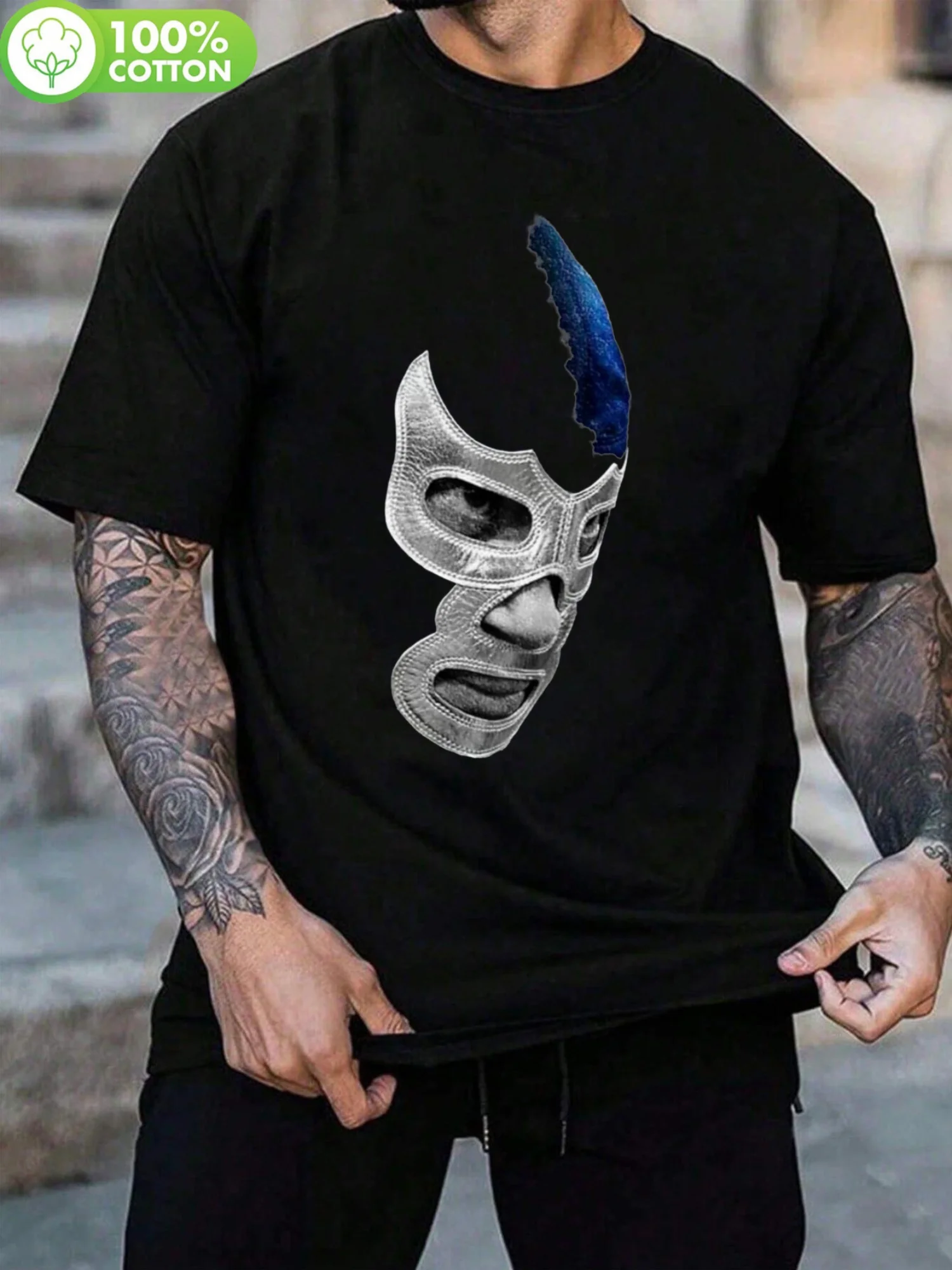 

1pc Unisex Demon Blue Lucha Libre Cotton T-Shirt - Regular Fit, Geometric Mask Design, All-Season Casual Wear for Teens & Adults