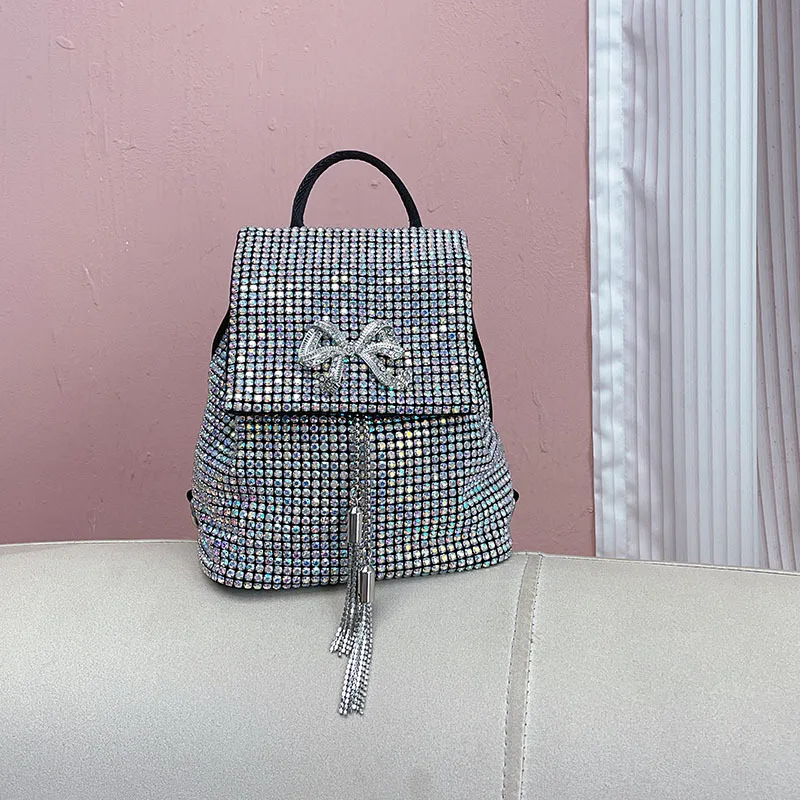 

Тяжелая промышленность с металлическим бантом, блестящий, не эффективный, инкрустированный бриллиантами, универсальный рюкзак большой вместимости с цепочкой знаменитостей для отдыха и кампуса